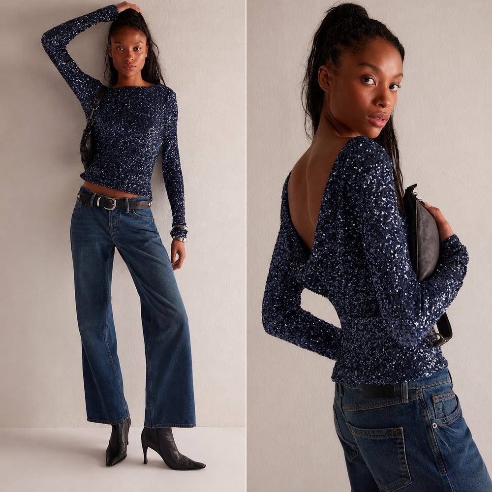 Free People Leading the Way Sequin Long Sleeve Top Navy Indigo OB2316924 Mens M